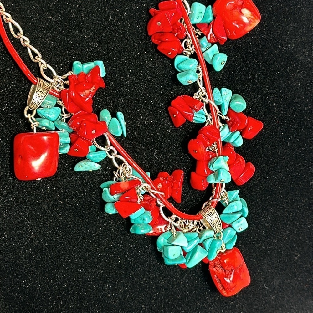 TURQUOISE CORAL Genuine Vinyl Cord & Silver Tone Chain Boho - Picture 3 of 13